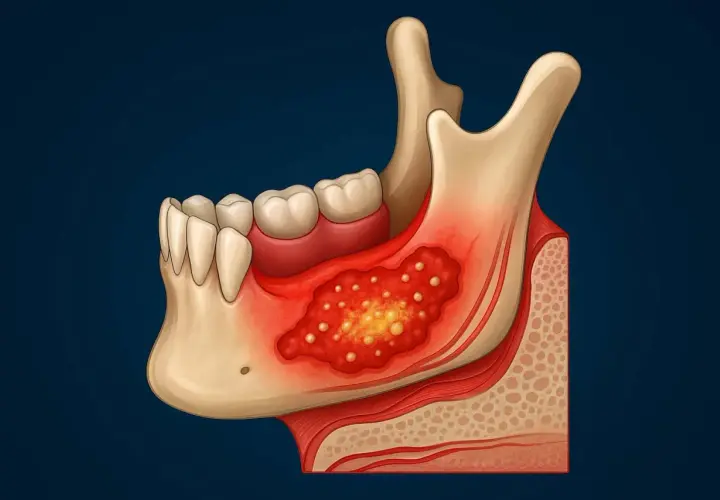 Sezione della mandibola con denti, mostra un'infezione osso dente con pus e infiammazione.