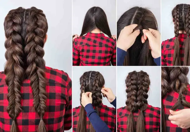 Tutorial paso a paso para hacer trenzas boxeadora. Cabello castaño dividido en dos secciones y trenzado.