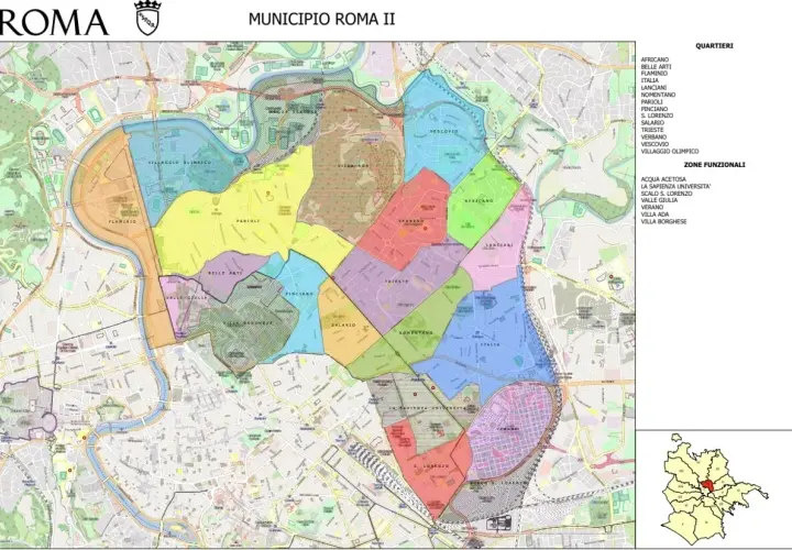 Mappa del Municipio Roma II con i quartieri colorati: Flaminio, Parioli, Salario, Trieste, Nomentano, Villaggio Olimpico, Africano, Lanciani, Pinciano, Belle Arti, Valle Giulia, Verano, S. Lorenzo.