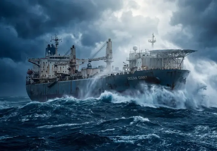 La nave "Ocean Giant" lotta contro onde tempestose, mostrando come l'acciaio si rovina con l'acqua di mare.