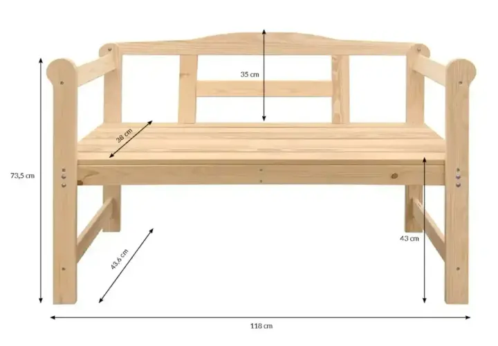Drewniana ławka ogrodowa z widocznymi wymiarami: 118 cm szerokości, 73,5 cm wysokości całkowitej, 43 cm wysokości siedziska, 38 cm głębokości siedziska i 35 cm wysokości oparcia.