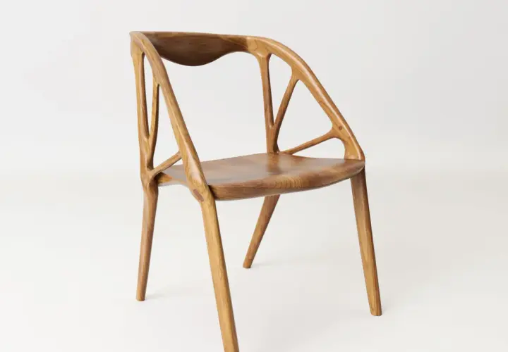A modern wooden chair with an intricate, skeletal backrest. The chair building showcases organic curves and a light, airy design.