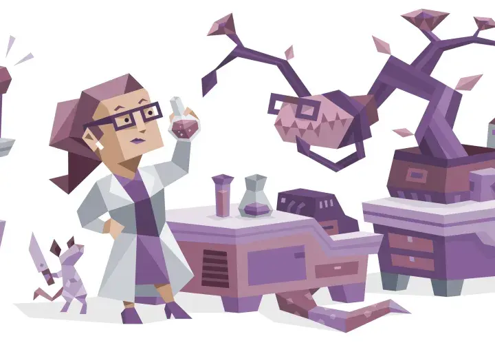 INTP w laboratorium tworzy dziwne mikstury. Obok niej robot i mały smok.