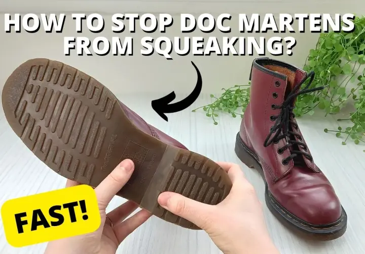Hands hold a Dr. Martens boot sole, showing how to stop rubber soles from squeaking. A red boot is in the background.