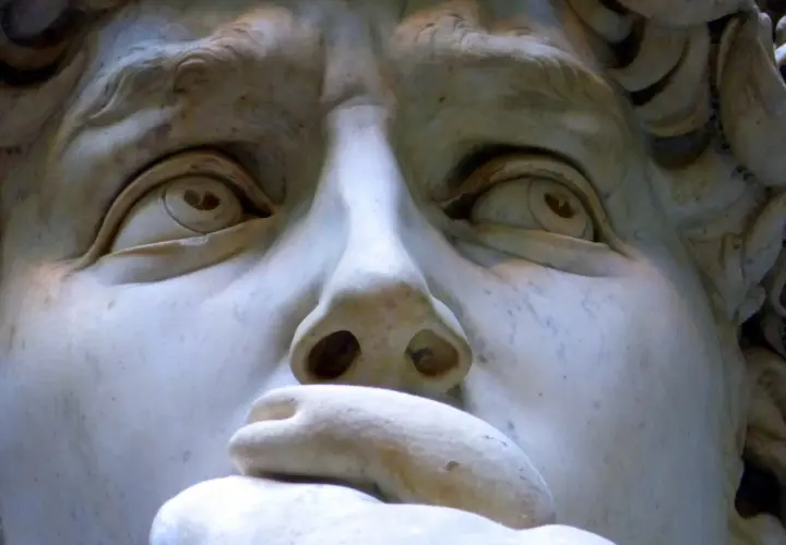 Close-up of Michelangelo's David sculpture, focusing on the eyes, nose, and mouth.