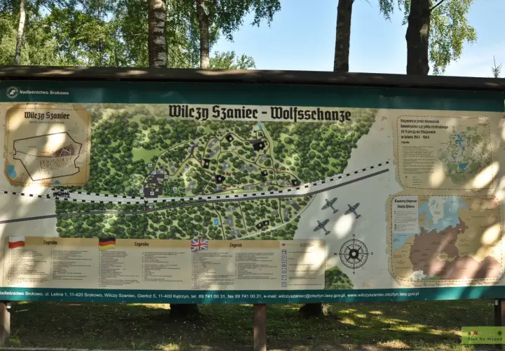 Mapa historycznego Wilczego Szańca, gdzie jest to dawne centrum dowodzenia III Rzeszy na Mazurach.
