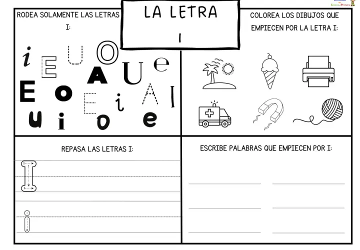 Hoja de actividades para niños sobre la letra i. Incluye ejercicios de identificación, coloreado y escritura de la letra i.