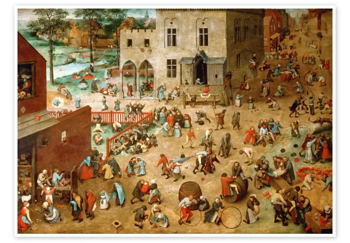 Un pueblo bullicioso lleno de niños jugando. Los juegos de niños de Brueghel muestran una escena caótica pero alegre con docenas de actividades.