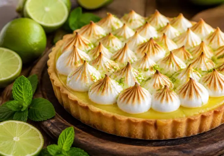 Une délicieuse tarte citron meringuée, garnie de pointes de meringue dorées et de zestes de citron vert, entourée de citrons frais et de feuilles de menthe.