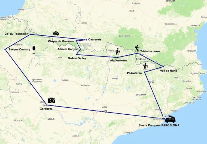 Mapa de una ruta por los Pirineos franceses y españoles, pasando por el País Vasco, el Cirque de Gavarnie, Ordesa y finalizando en Barcelona.