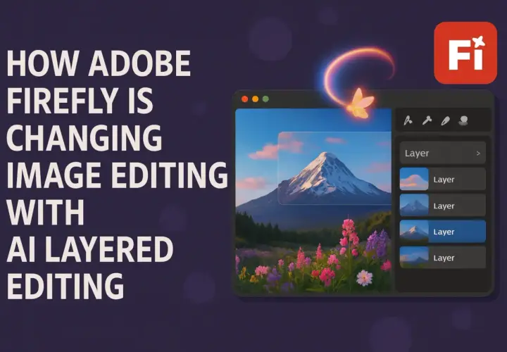Adobe Firefly rewolucjonizuje edycję zdjęć dzięki AI. Widok warstw pokazuje, jak narzędzie ułatwia pracę z obrazem góry i kwiatów.