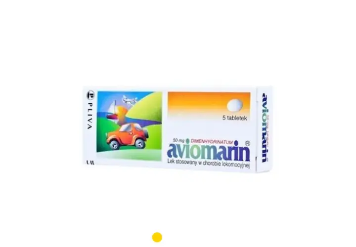 Opakowanie leku aviomarin z rysunkiem pomarańczowego autka, żaglowca i samolotu. 5 tabletek.