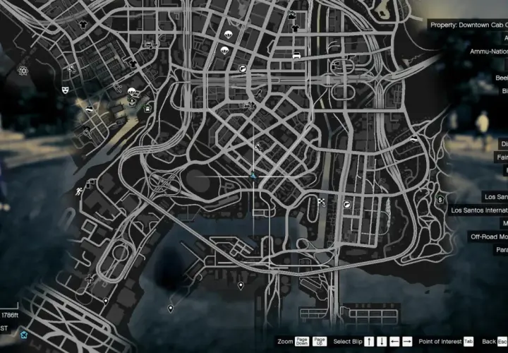Mapa Los Santos, z zaznaczoną ulicą Grove Street. Widać ikony sklepów, garaży i innych miejsc.