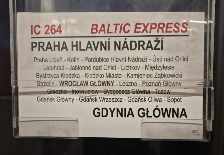 IC 264 Baltic Express: bilety na pociąg z Pragi do Gdyni przez Wrocław.