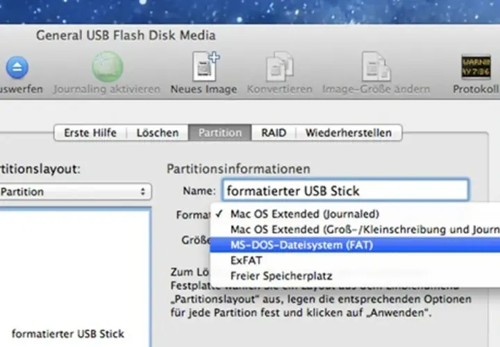 MacBook zeigt ein Fenster zur Formatierung eines USB-Sticks. Das MS-DOS-Dateisystem (FAT) ist ausgewählt.