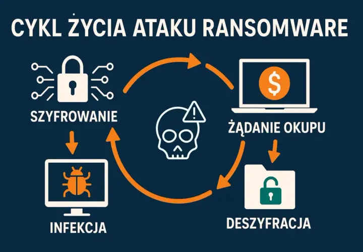 Cykl życia ataku ransomware: infekcja, szyfrowanie, żądanie okupu, deszyfracja. Złośliwe oprogramowanie blokuje dane.