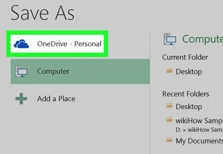Salva il tuo file condiviso Excel su OneDrive - Personal o sul Computer.
