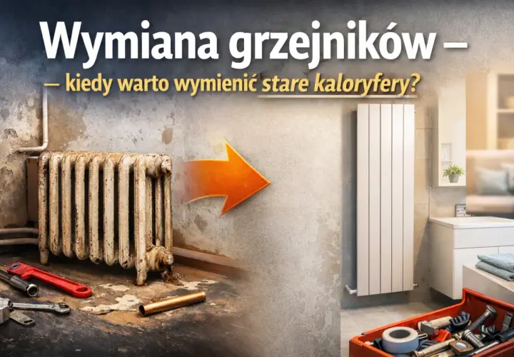 Stary, zardzewiały grzejnik obok nowego, białego. Wymiana grzejnika w bloku to klucz do komfortu. Narzędzia czekają.