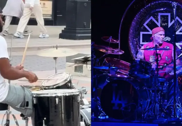 Perkusista Red Hot Chili Peppers w akcji. Po lewej uliczny muzyk, po prawej Chad Smith na koncercie.