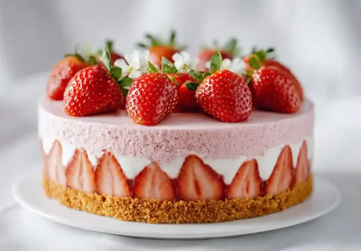 Gâteau rond rose pâle orné de fraises fraîches et de petites fleurs blanches. Le pourtour est décoré de fraises tranchées et d'un nappage fraise aérien.
