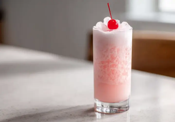En rosa drink med krossad is, toppad med ett körsbär. En perfekt pink panther drink för en solig dag.