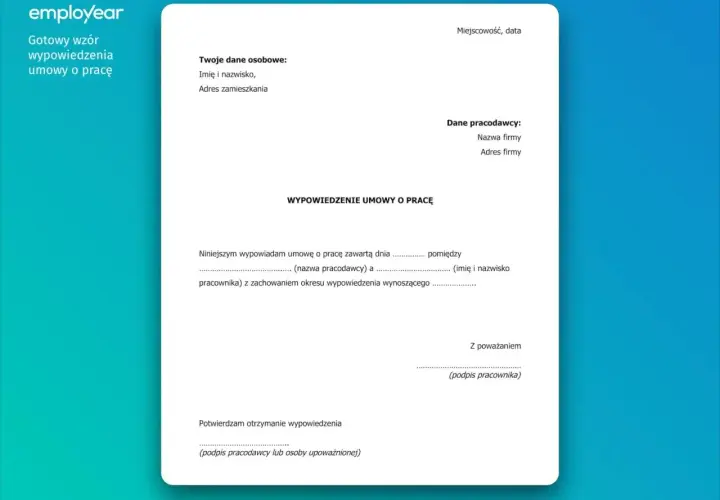 Gotowy wzór wypowiedzenia umowy o pracę. Dokument wyjaśnia, czy na L4 można złożyć wypowiedzenie, zawiera dane pracownika i pracodawcy.