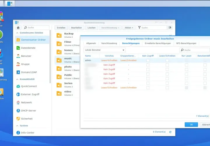 Synology NAS: Berechtigungen für den Ordner "music" werden bearbeitet. Das synology laufwerk initialisieren ist ein wichtiger Schritt.