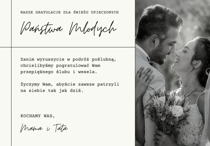 Czarno-białe zdjęcie pary młodej, z tekstem gratulacyjnym.