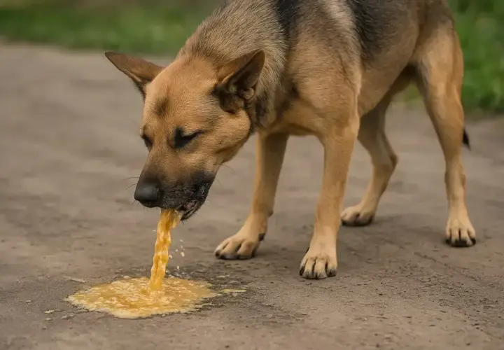 Pies ma odruchy wymiotne, z pyska leci żółta wydzielina, ale jeszcze nie wymiotuje.