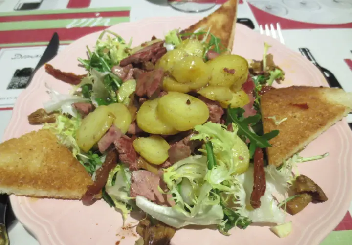 Salade périgourdine avec pommes de terre, magret, foie gras et toasts. Quel vin avec une salade périgourdine ? Un Bergerac rouge léger.