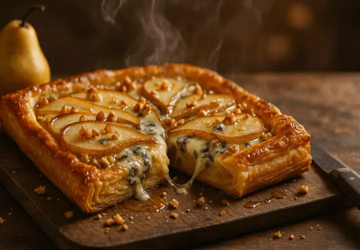 Un délicieux pavé de poire, garni de fromage fondant et de noix, dégage une vapeur appétissante sur une planche en bois.