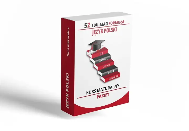Pudełko z kursem "Język Polski" na egzamin dojrzałości. Schody z książek symbolizują drogę do sukcesu.