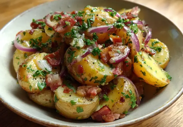 En härlig tysk potatissallad med krispigt bacon, rödlök och färsk persilja i en skål.