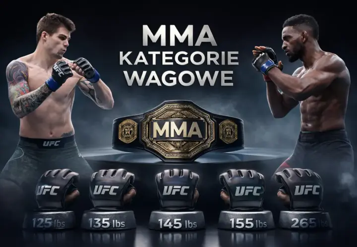Dwóch zawodników MMA w pozycjach bojowych, pas mistrzowski i rękawice z wagami: 125, 135, 145, 155, 265 lbs. Temat: kategorie wagowe MMA.