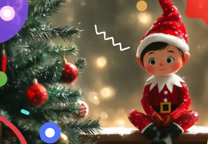 Un elfo seduto vicino all'albero di Natale. Scopri come funziona l'elf on the shelf per portare magia!