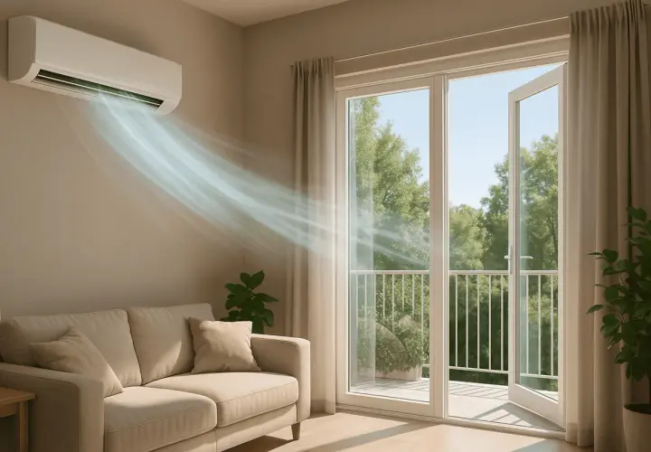 Aire acondicionado enfría la sala, creando una brisa refrescante. La puerta del balcón abierta permite ventilar un ambiente con luz natural y vistas a árboles frondosos.