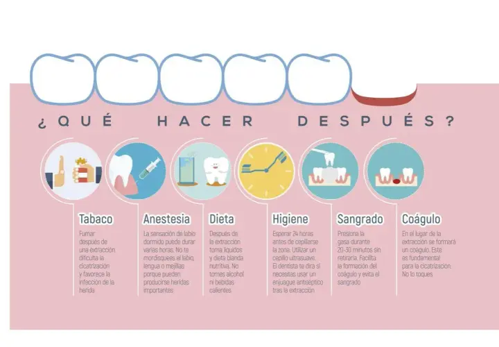 Guía post-extracción dental: evita tabaco, cuida la dieta, mantén higiene y no toques el coágulo.