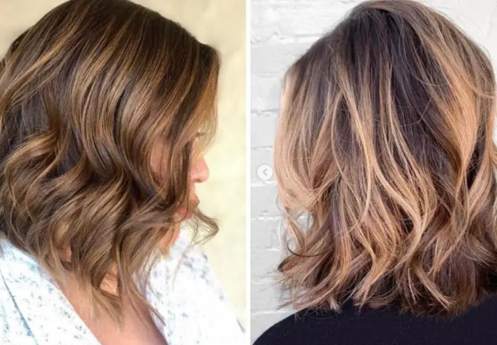 Cabello castaño con reflejos rubios, peinado en ondas sueltas y despeinadas.