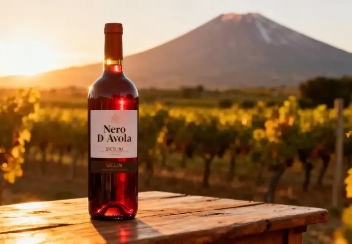 Bouteille de Nero D'Avola sur une table en bois, avec des vignobles et un volcan en arrière-plan, évoquant les riches terre siciliane.