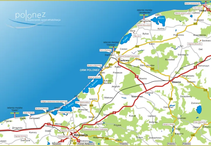 Mapa atrakcji Dąbki i okolic: latarnie morskie, muzea, zamki, bunkry, jeziora, porty.