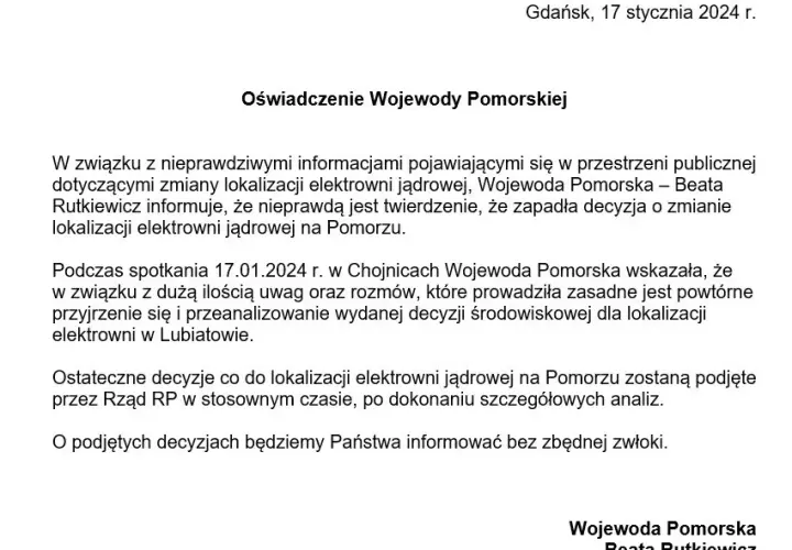 Budowa elektrowni jądrowej: wojewoda rozważa zmianę decyzji