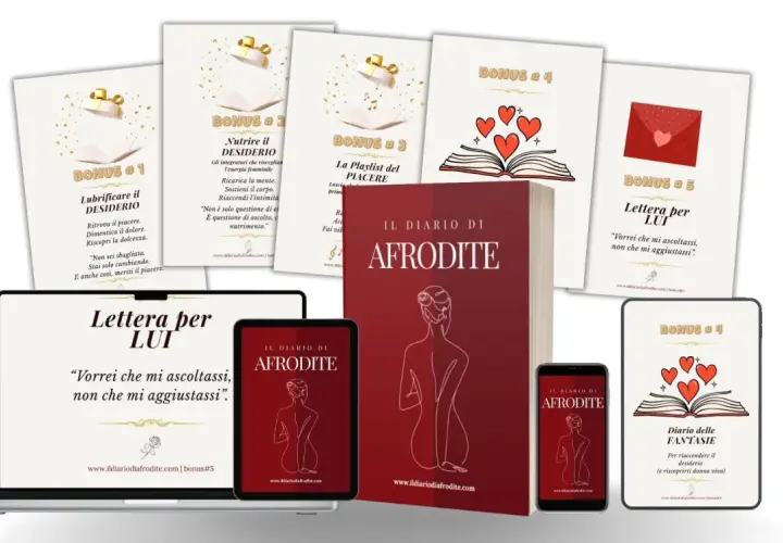 Materiale promozionale per "Il Diario di Afrodite", con bonus su come risvegliare il desiderio femminile, lubrificare il piacere e nutrire l'energia.