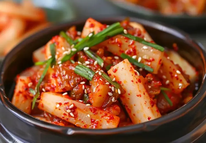 Miseczka z pikantnym kimchi z rzodkiewki, posypana sezamem i szczypiorkiem.