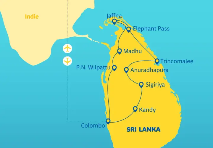 Mapa Sri Lanki z zaznaczonymi miastami: Jaffna, Trincomalee, Anuradhapura, Sigiriya, Kandy, Colombo (największe miasto Sri Lanki), Madhu, P.N. Wilpattu.