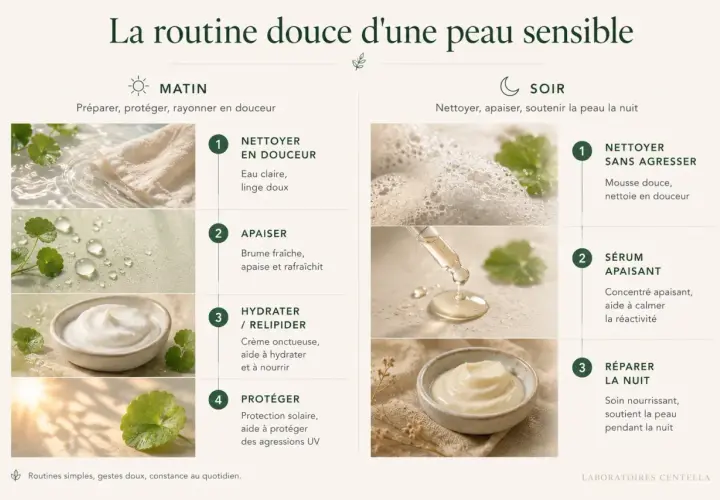 Routine du matin et du soir pour peau sensible : nettoyage doux, apaisement, hydratation et protection. Aide à calmer les symptômes de peau sensible.