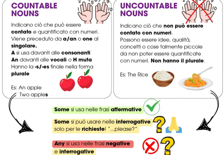 Nomi numerabili (es. mele) e non numerabili (es. riso, pasta). Regole per "a/an", "one", "s/-es" e per "some/any".
