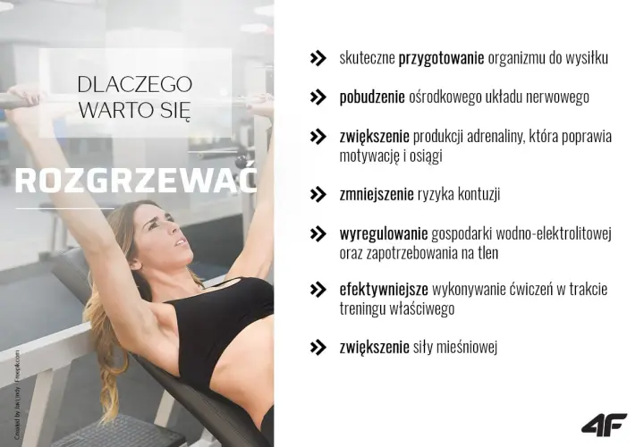 Kobieta ćwiczy na ławce skośnej. Tekst informuje, dlaczego warto się rozgrzewać, wymieniając korzyści, np. przygotowanie organizmu do wysiłku.