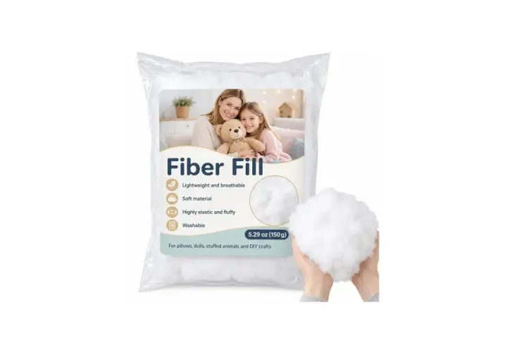 Bag of Fiber Fill, showing it's washable. Learn how to wash loose polyfill for your crafts.