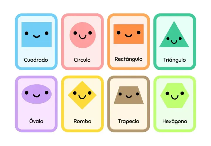 Tarjetas con figuras geométricas para imprimir: cuadrado, círculo, rectángulo, triángulo, óvalo, rombo, trapecio y hexágono, todos con caritas sonrientes.