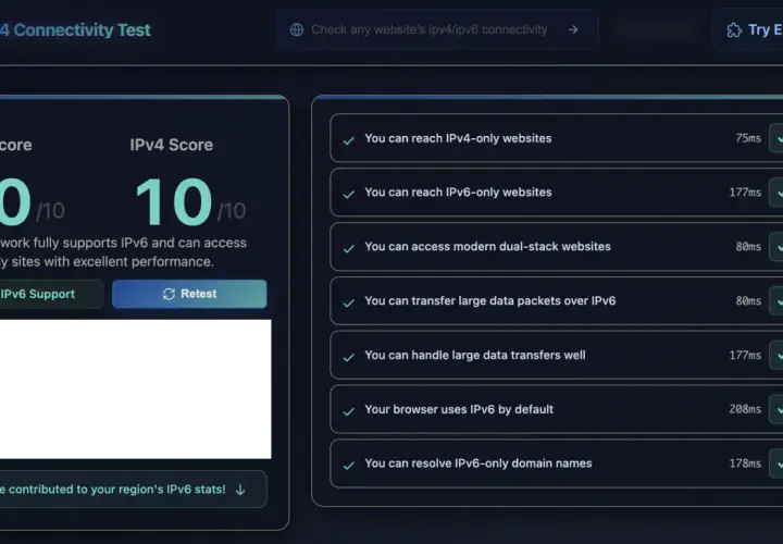 Test połączenia IPv6/IPv4: sieć w pełni obsługuje IPv6, co to jest? Wynik 10/10. Dostęp do stron IPv6-only z doskonałą wydajnością.
